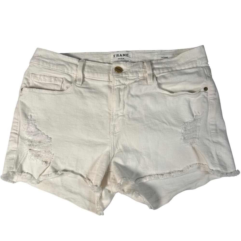 Frame Le Cutoff‎ Denim Shorts Womens 28 White Distressed Raw Hem Summer Festival - Picture 2 of 11